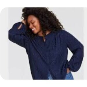 On-34th Blouse Women XL Navy Blue Leopard Jacquard Button Front Long Sleeve